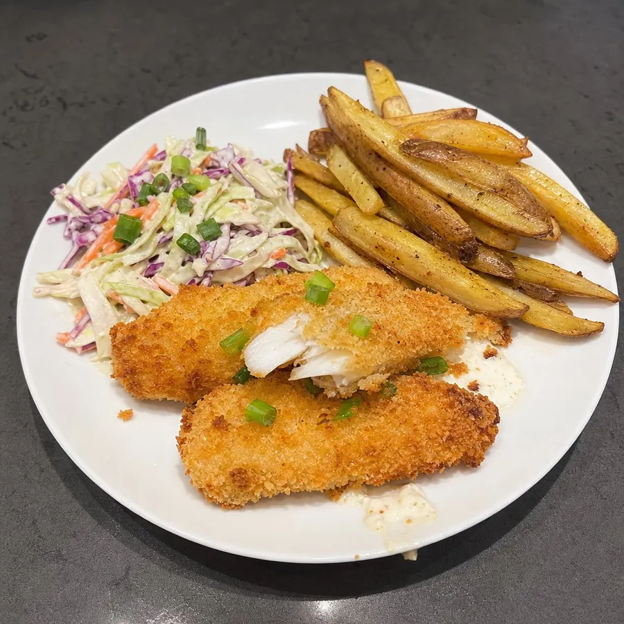 Poisson pané au four, frites maison et coleslaw