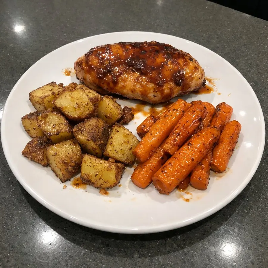 Poitrines de poulet miel-ail au four, pommes de terre Russet et carottes rôties