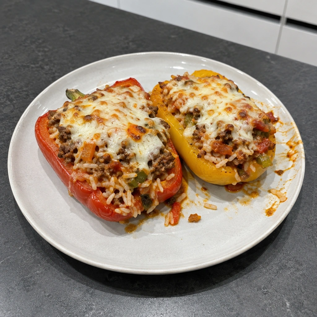 Poivrons farcis au bœuf nourri à l'herbe et au riz, gratinés à la mozzarella