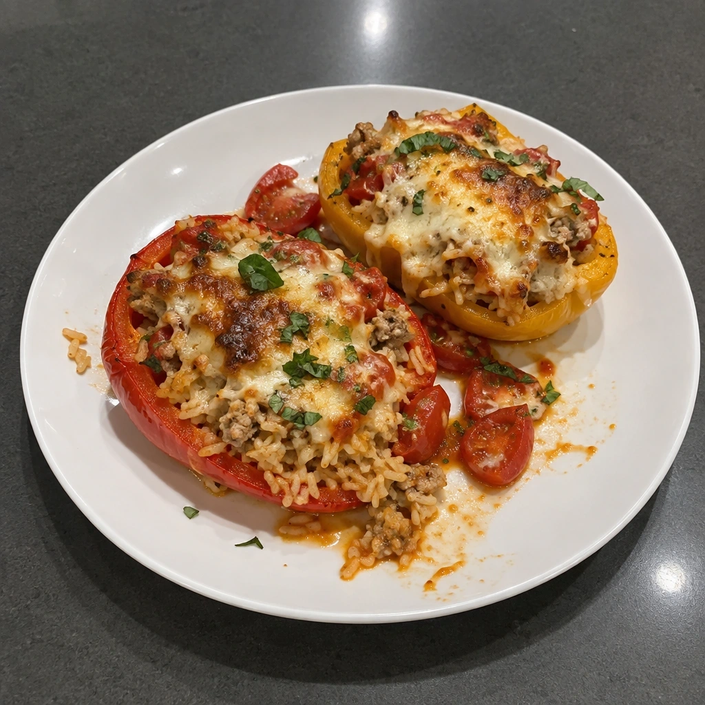 Poivrons farcis au porc haché, riz et tomates fraîches gratinés