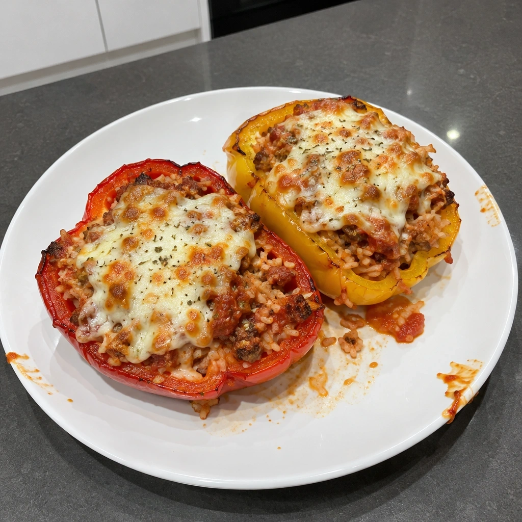 Poivrons farcis au porc haché, riz et mozzarella gratinée