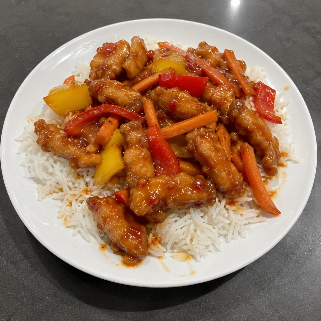 Porc croustillant aigre-doux aux poivrons et carottes, riz basmati