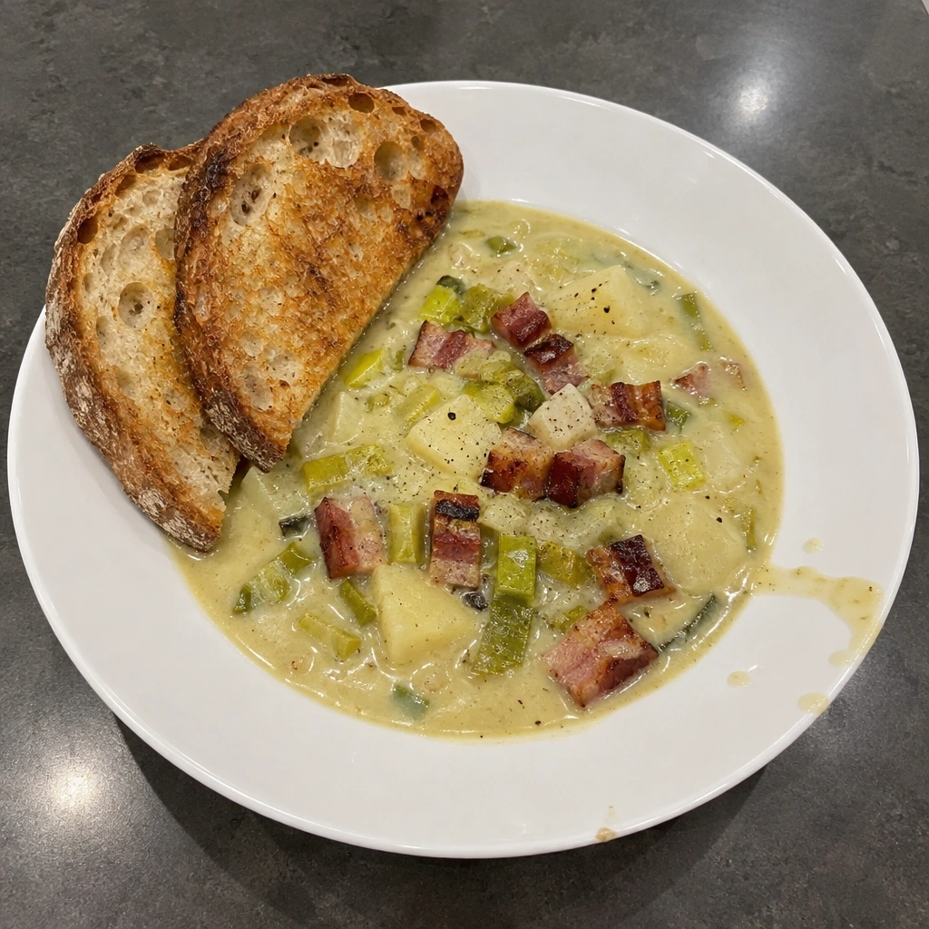 Potage-repas poireaux et pommes de terre au jambon fumé, miche grillée