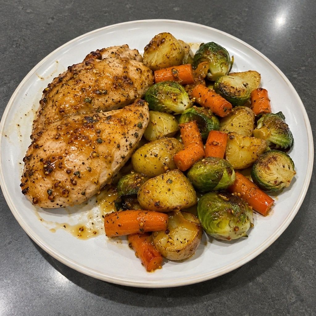 Poulet assaisonné sur une plaque, pommes de terre, carottes et choux de Bruxelles à l'érable