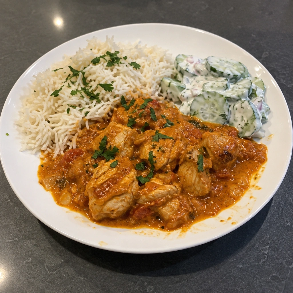 Poulet au beurre express aux hauts de cuisse, riz basmati et raita aux mini concombres