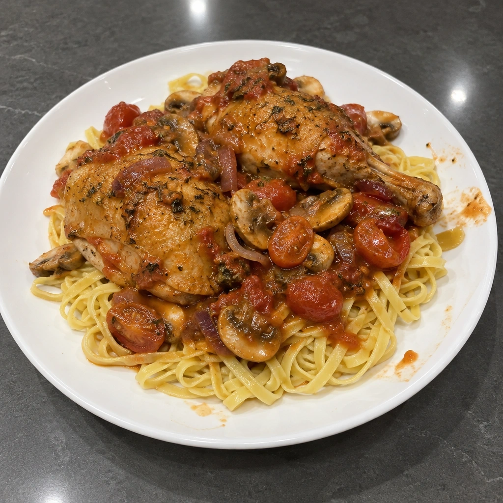 Poulet cacciatore aux champignons, nouilles aux œufs