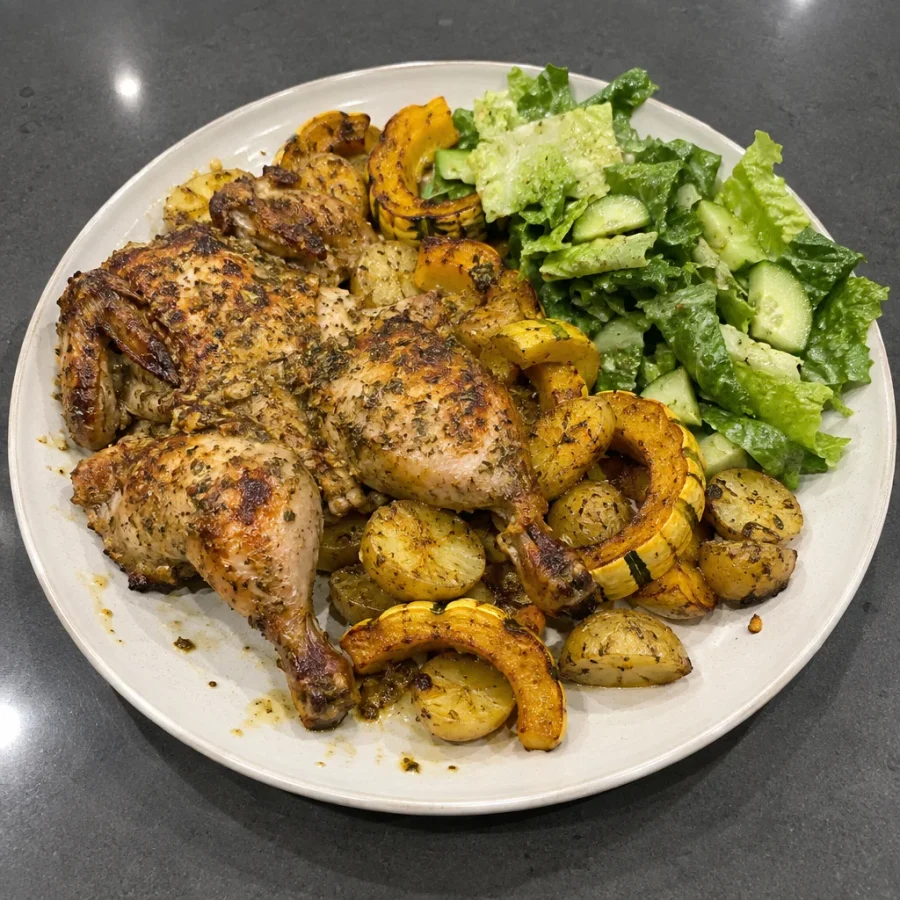 Poulet en crapaudine citron-origan, pommes de terre et courge delicata rôties, salade romaine