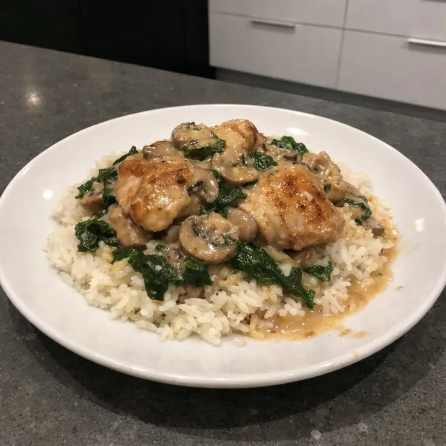 Poulet crémeux aux champignons sur riz basmati