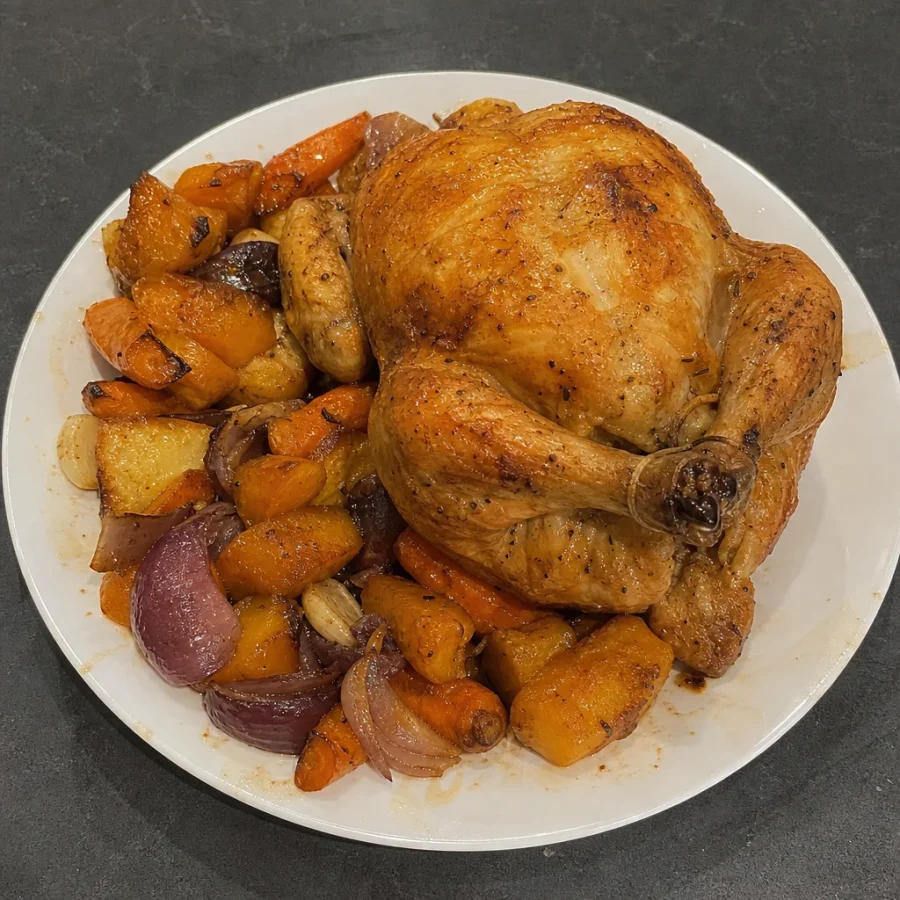 Poulet entier rôti, courge et carottes au four