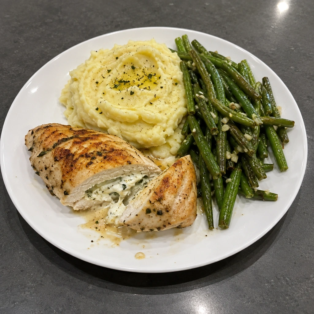Poitrines de poulet farcies au Boursin, purée de pommes de terre et haricots verts à l'ail