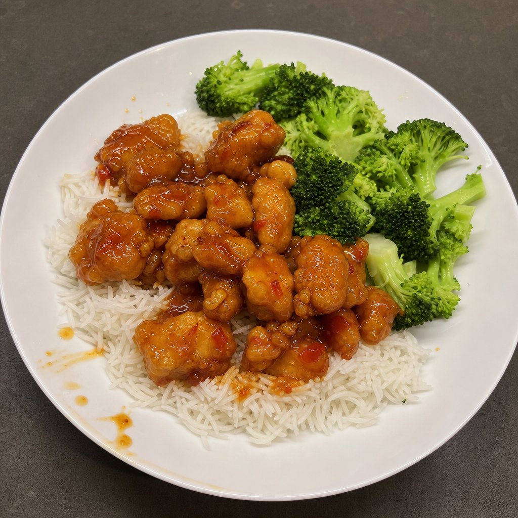 Poulet Général Tao maison, riz basmati et brocoli