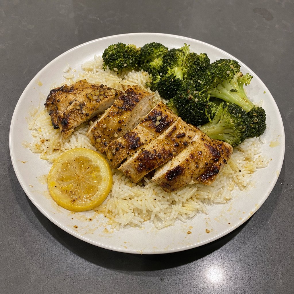 Poulet grillé au citron, riz basmati et brocoli