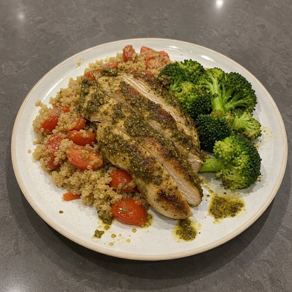Poulet grillé au pesto, tomates Cerizo et quinoa