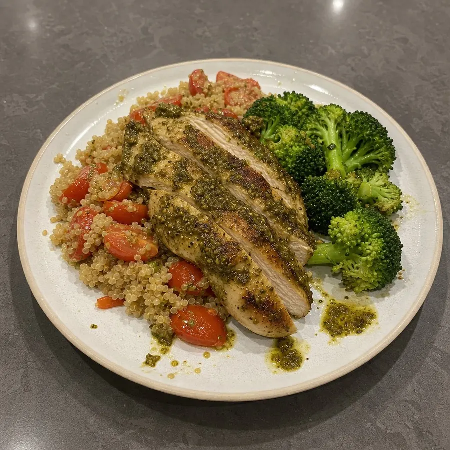 Poulet grillé au pesto, tomates Cerizo et quinoa