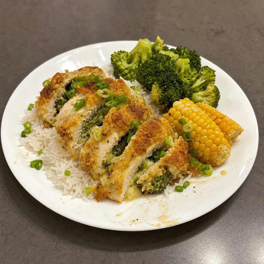 Poulet pané farci au brocoli et fromage au four, riz et légumes