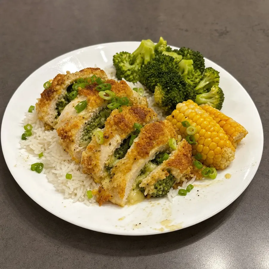 Poulet pané farci au brocoli et fromage au four, riz et légumes