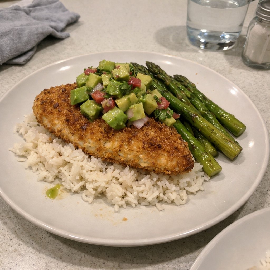Poulet pané au panko sur riz basmati, asperges rôties et salsa d'avocat