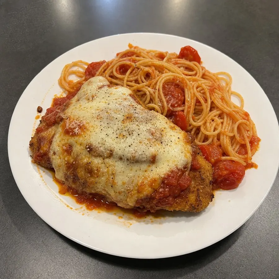 Poulet parmesan à la mozzarella, spaghetti