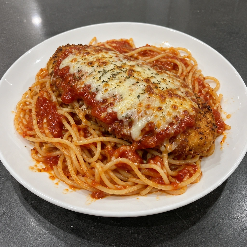 Poulet parmigiana gratiné, spaghetti sauce tomate