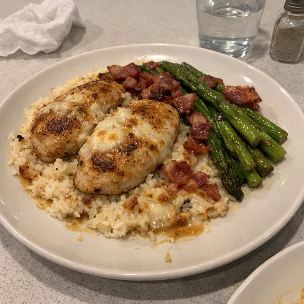 Poulet poêlé aux asperges, bacon croustillant et riz basmati gratiné à la mozzarella