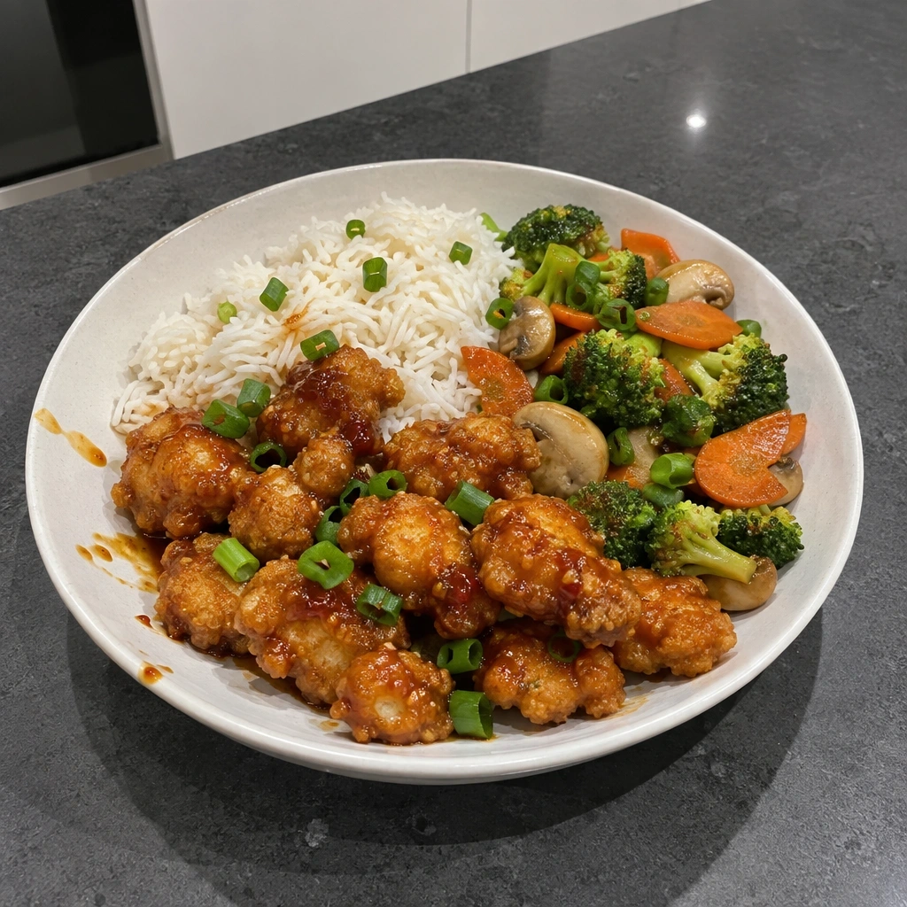 Bol de poulet popcorn croustillant, sauce miel-sriracha, riz et brocoli
