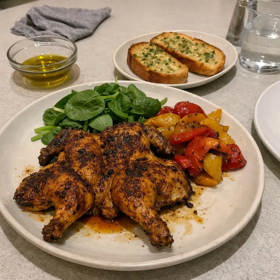 Poulet portugais en crapaudine, poivrons grillés et pain à l'ail