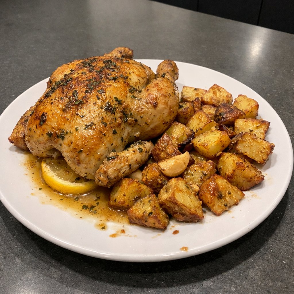 Poulet rôti au citron et fines herbes, patates à l'ail