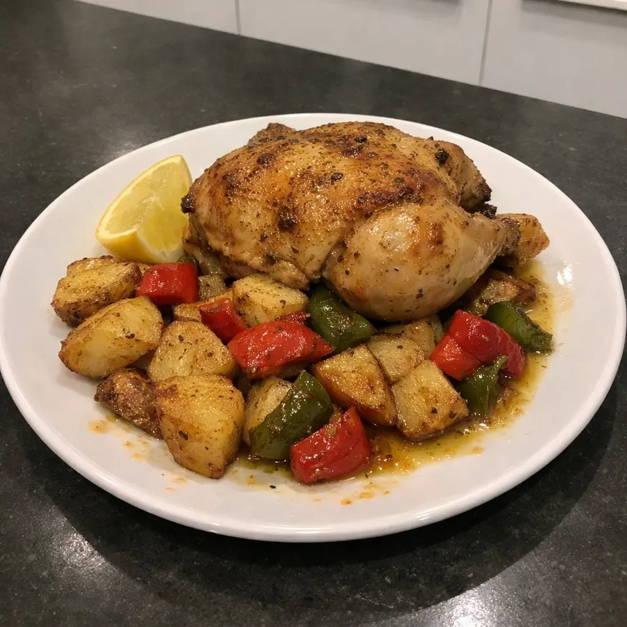 Poulet entier rôti au beurre citronné, patates russet et poivrons rôtis