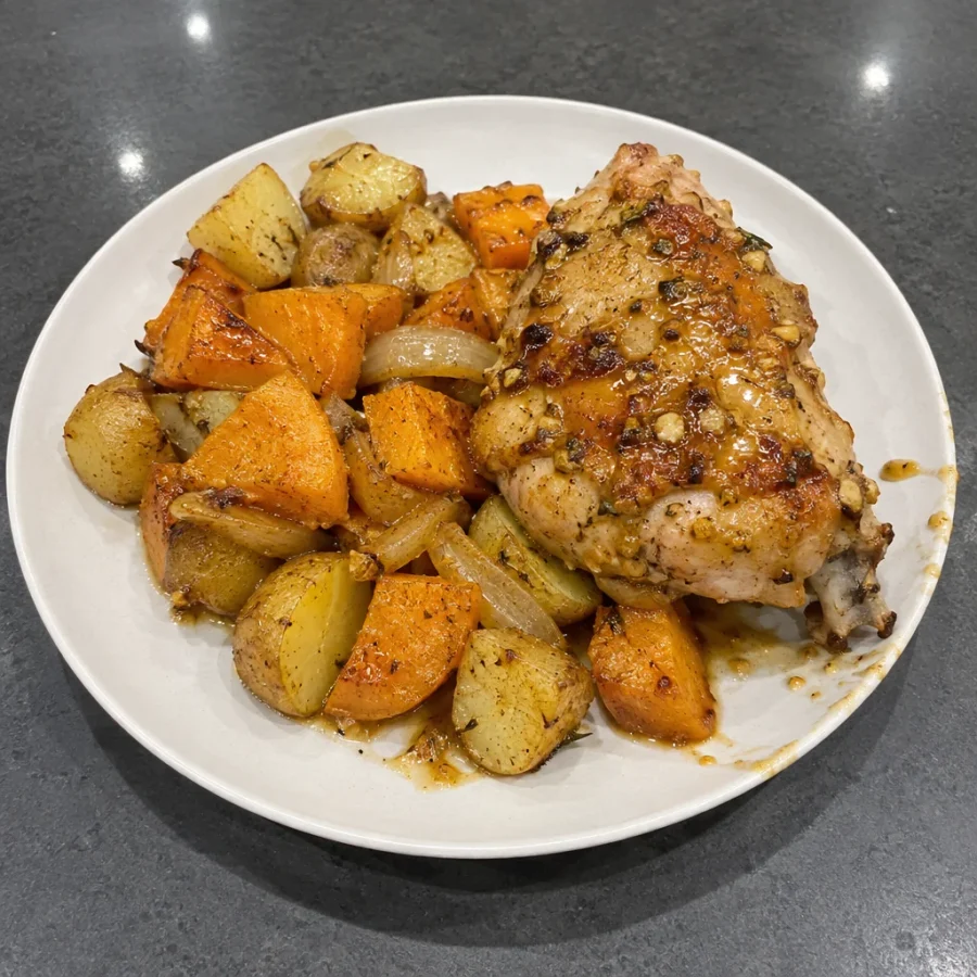 Poitrines de poulet rôties érable et ail, courge musquée et pommes de terre