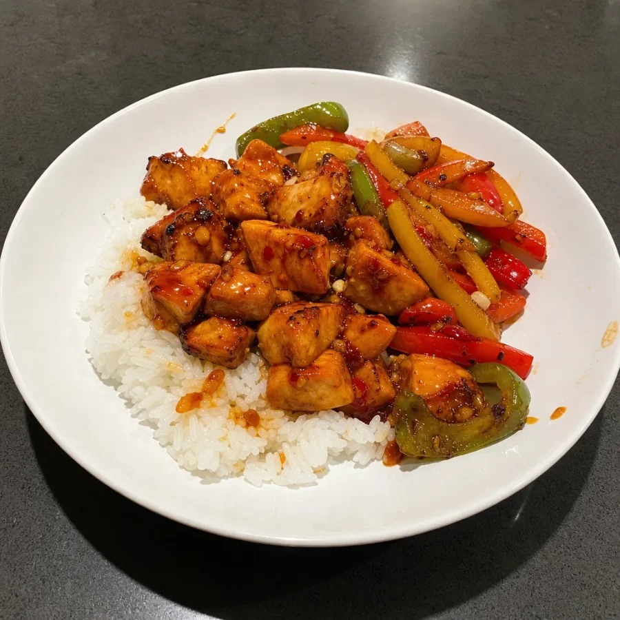 Poulet grillé sriracha-miel, riz Calrose et poivrons sautés