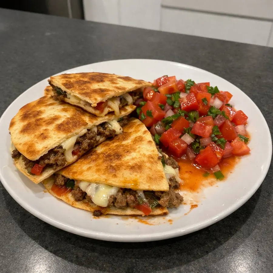 Quesadillas au bœuf haché nourri à l'herbe, mozzarella fondante et salsa de tomates fraîches