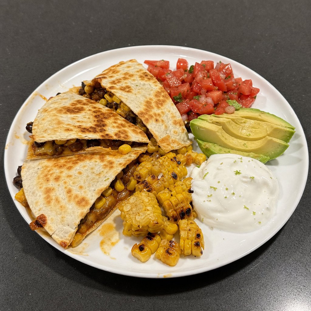 Quesadillas aux haricots sautés et maïs grillé, salsa de tomates Roma et crema à la lime