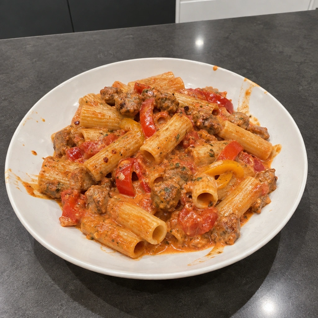 Rigatoni aux saucisses de porc, poivrons et sauce rosée