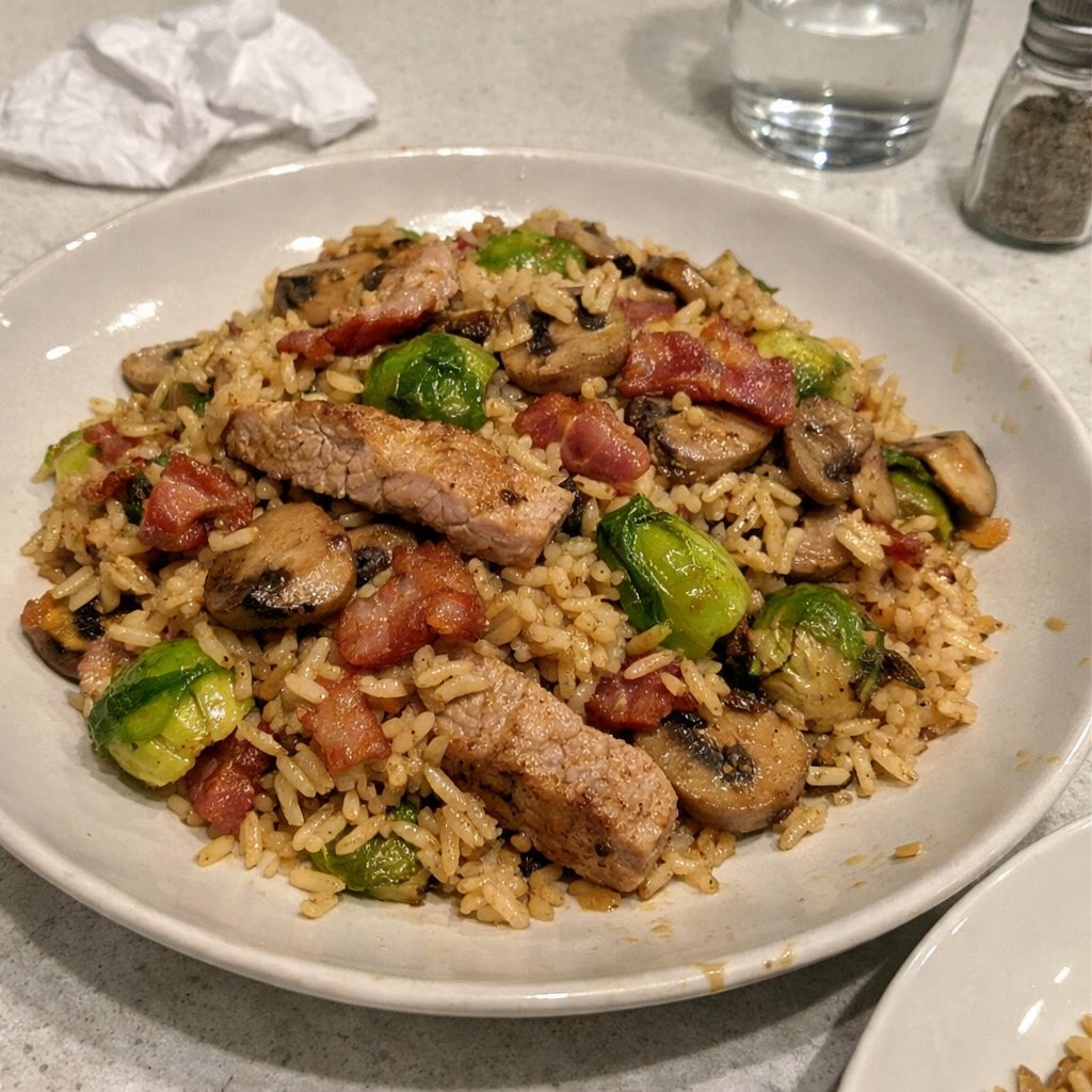 Riz basmati frit au porc, bacon, champignons et choux de Bruxelles