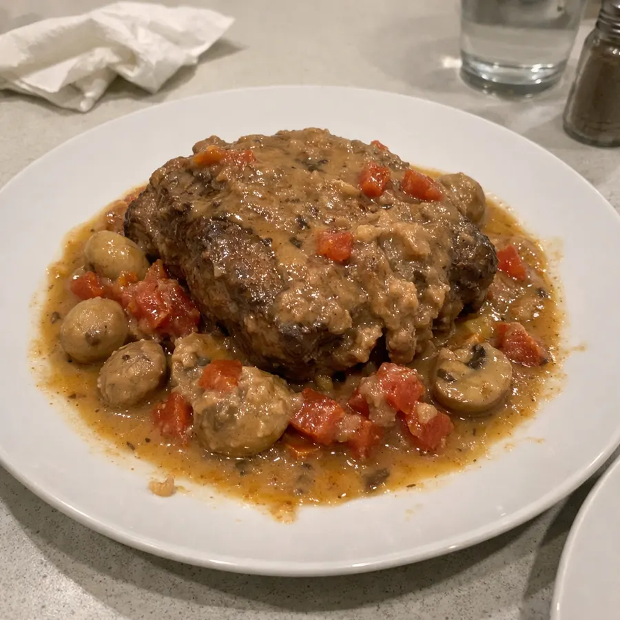 Rôti de palette braisé aux champignons et tomates
