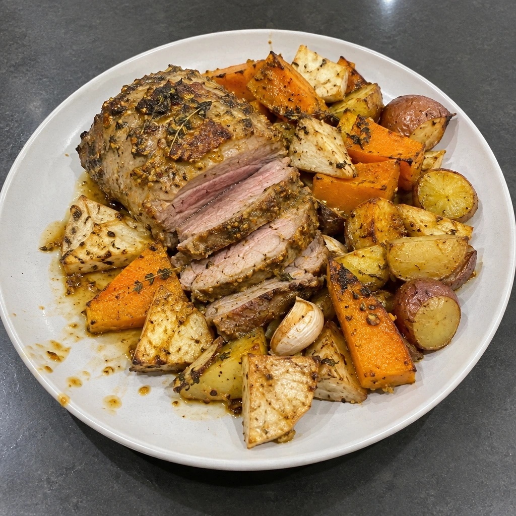 Rôti de contre-filet à la moutarde, courge, céleri-rave et petites patates rôtis