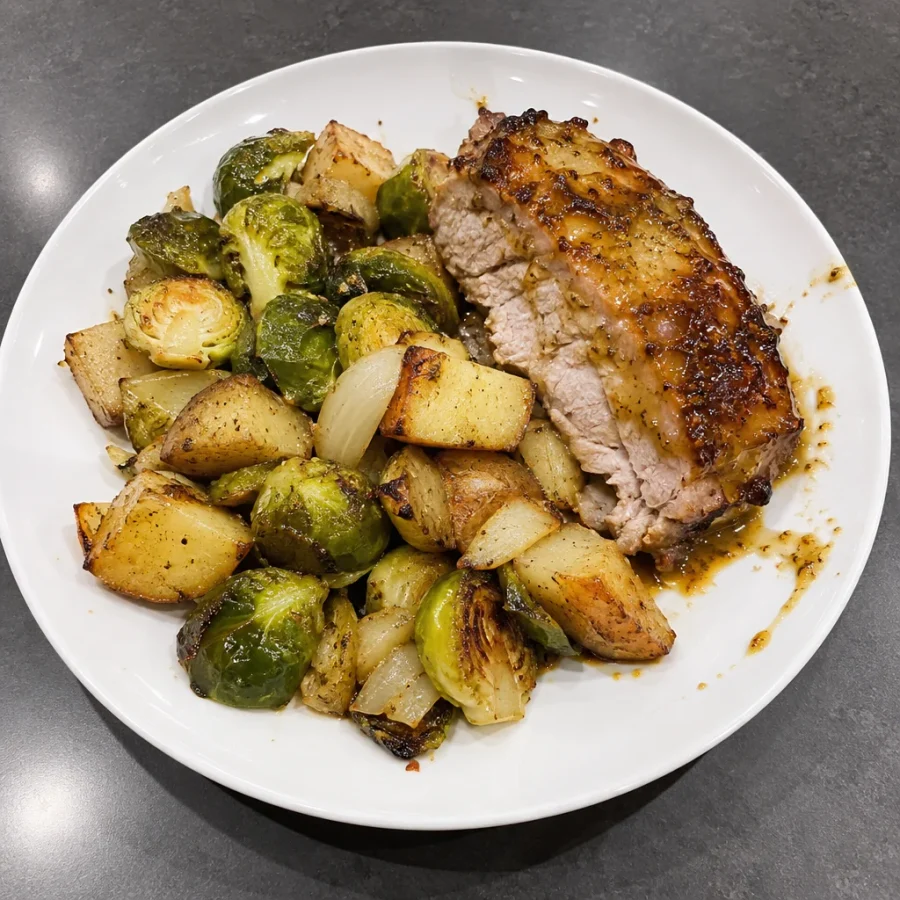 Rôti de longe de porc à l'érable et moutarde, patates et choux de Bruxelles rôtis