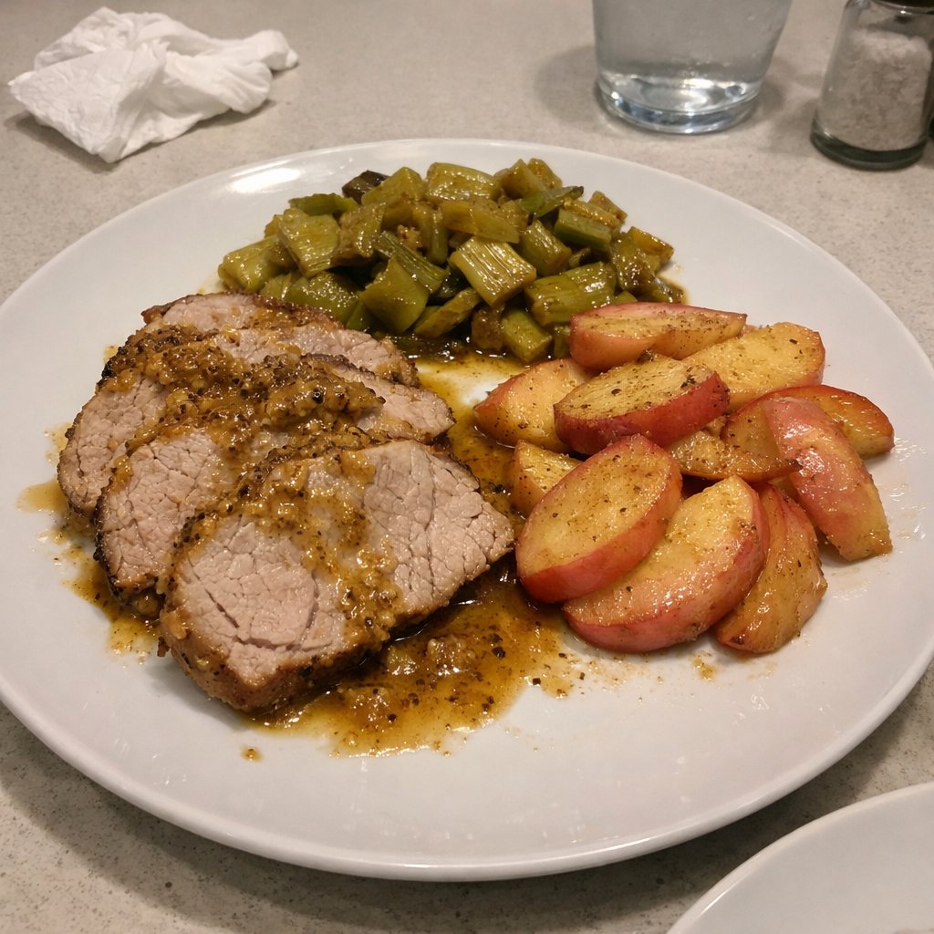Rôti de longe de porc à la moutarde de Dijon, poireaux caramélisés et pommes Pink Lady