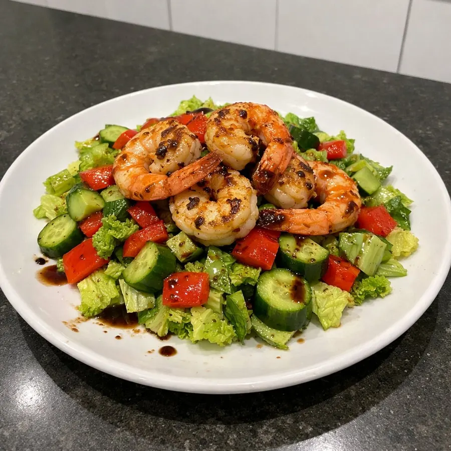 Salade-repas de crevettes grillées, romaine et vinaigrette balsamique aux figues
