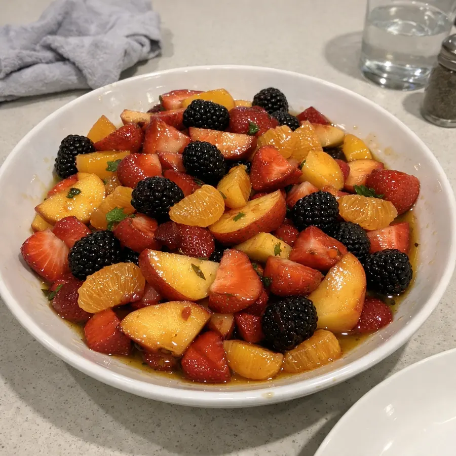 Salade de fruits printanière aux fraises, mûres, mandarines et pêches