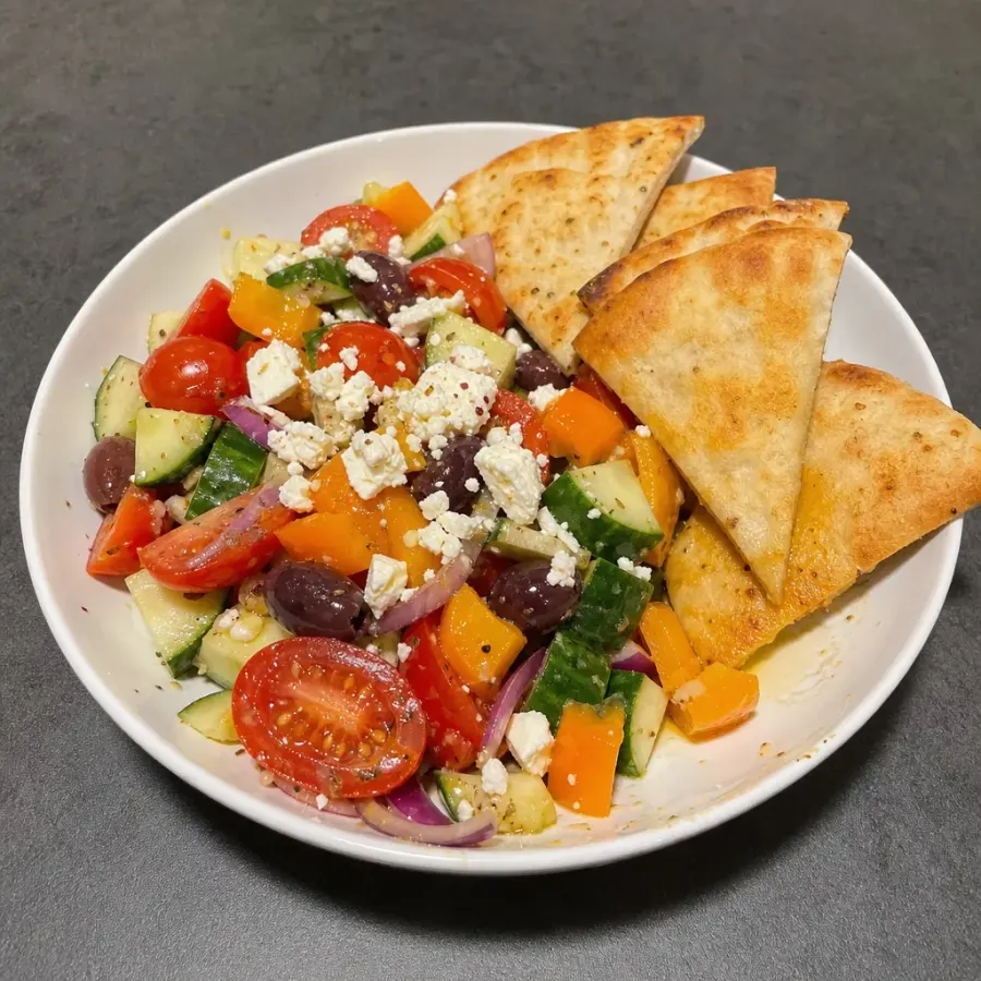 Salade grecque repas à la feta, concombre et pitas croustillants