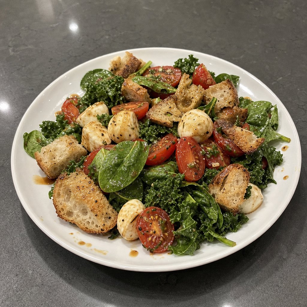 Salade-repas caprese aux tomates vigne, bocconcini et croûtons maison