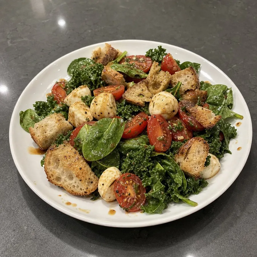 Salade-repas caprese aux tomates vigne, bocconcini et croûtons maison
