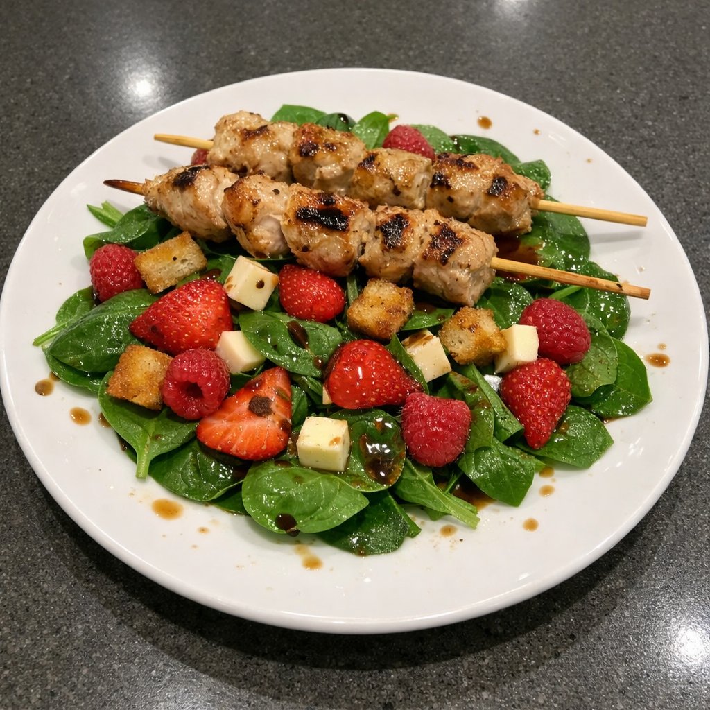 Salade tiède d'épinards aux fraises, framboises et brochettes de poulet grillées
