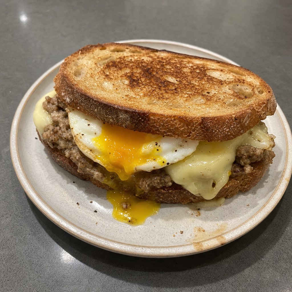Sandwich déjeuner-souper aux cretons, œuf et fromage fondu