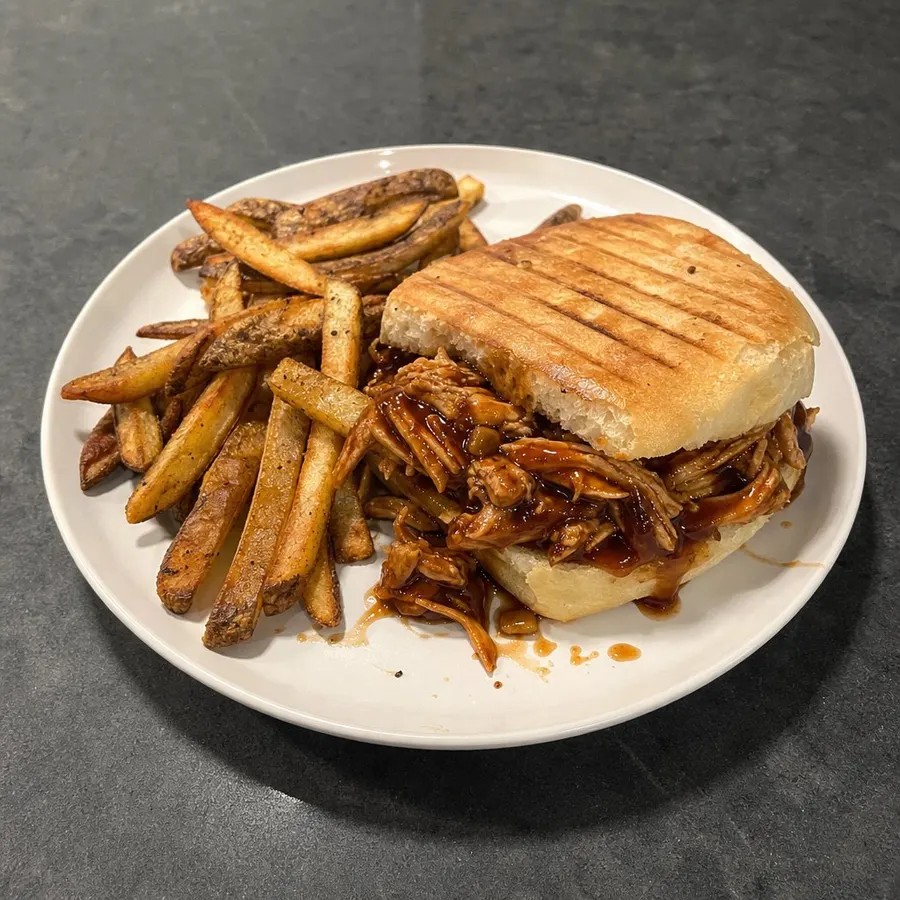 Sandwich de poulet effiloché BBQ sur panini grillé et frites maison de russet