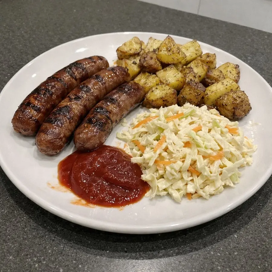 Saucisses grillées, pommes de terre rôties et salade de chou au ketchup aux fruits