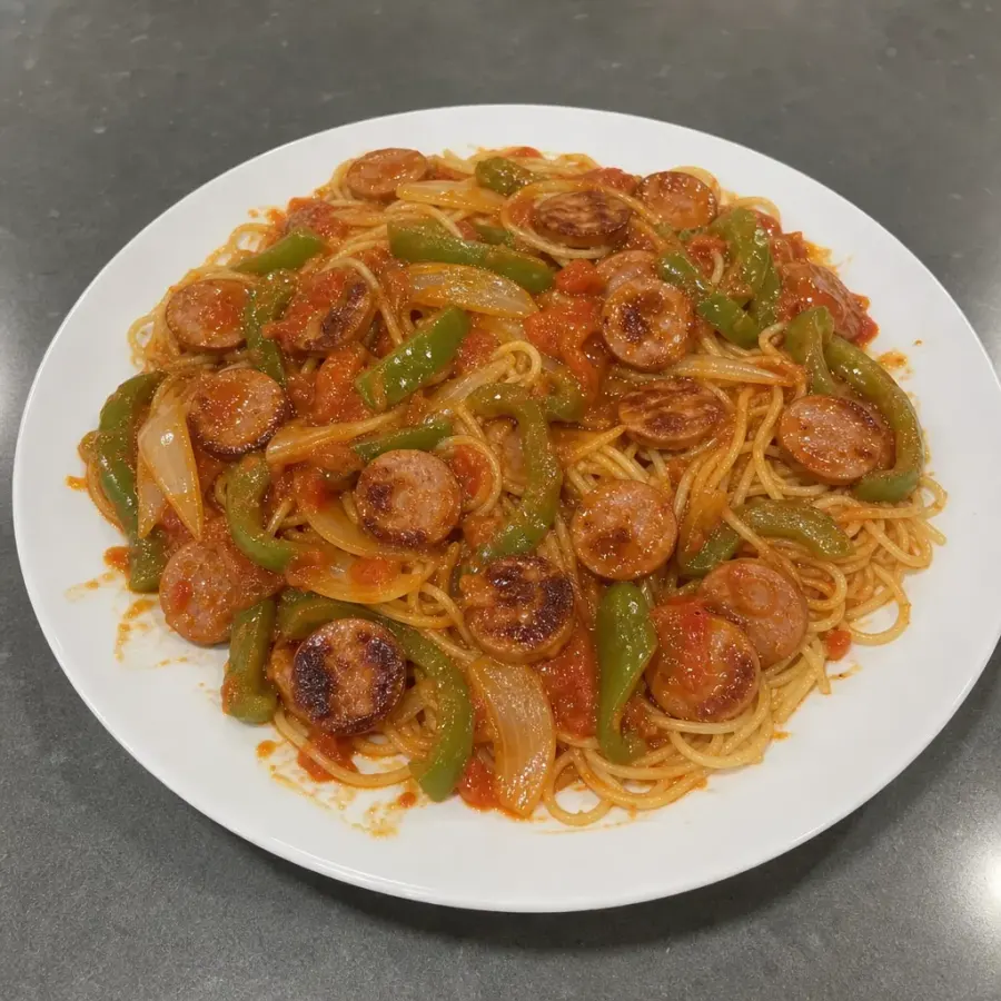 Saucisses, poivrons et oignons sur spaghettini