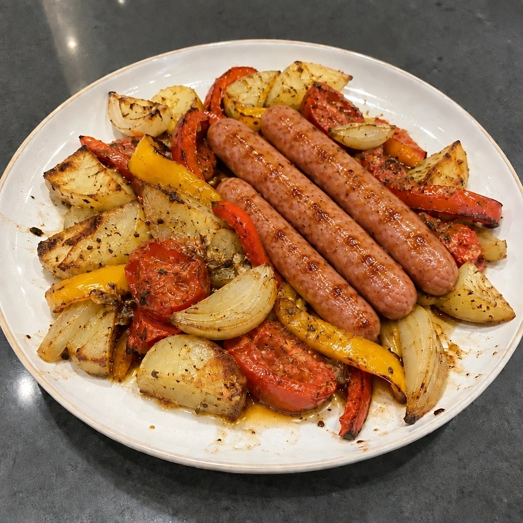 Saucisses de porc et bœuf rôties, poivrons et pommes de terre
