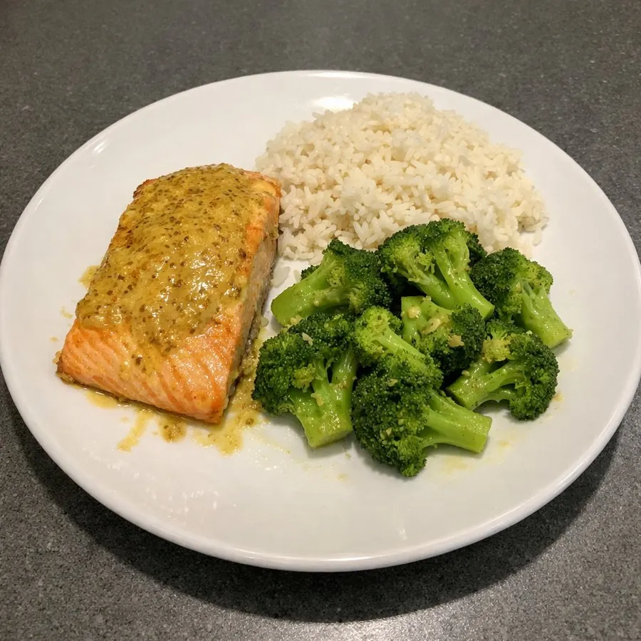 Saumon atlantique en croûte de dijon, riz express et brocoli citronné